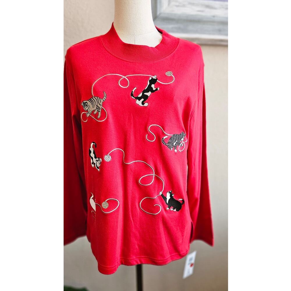 Bonworth Women's Embroidered Cat Pullover Top Artsy Comfort Small Petite NWT